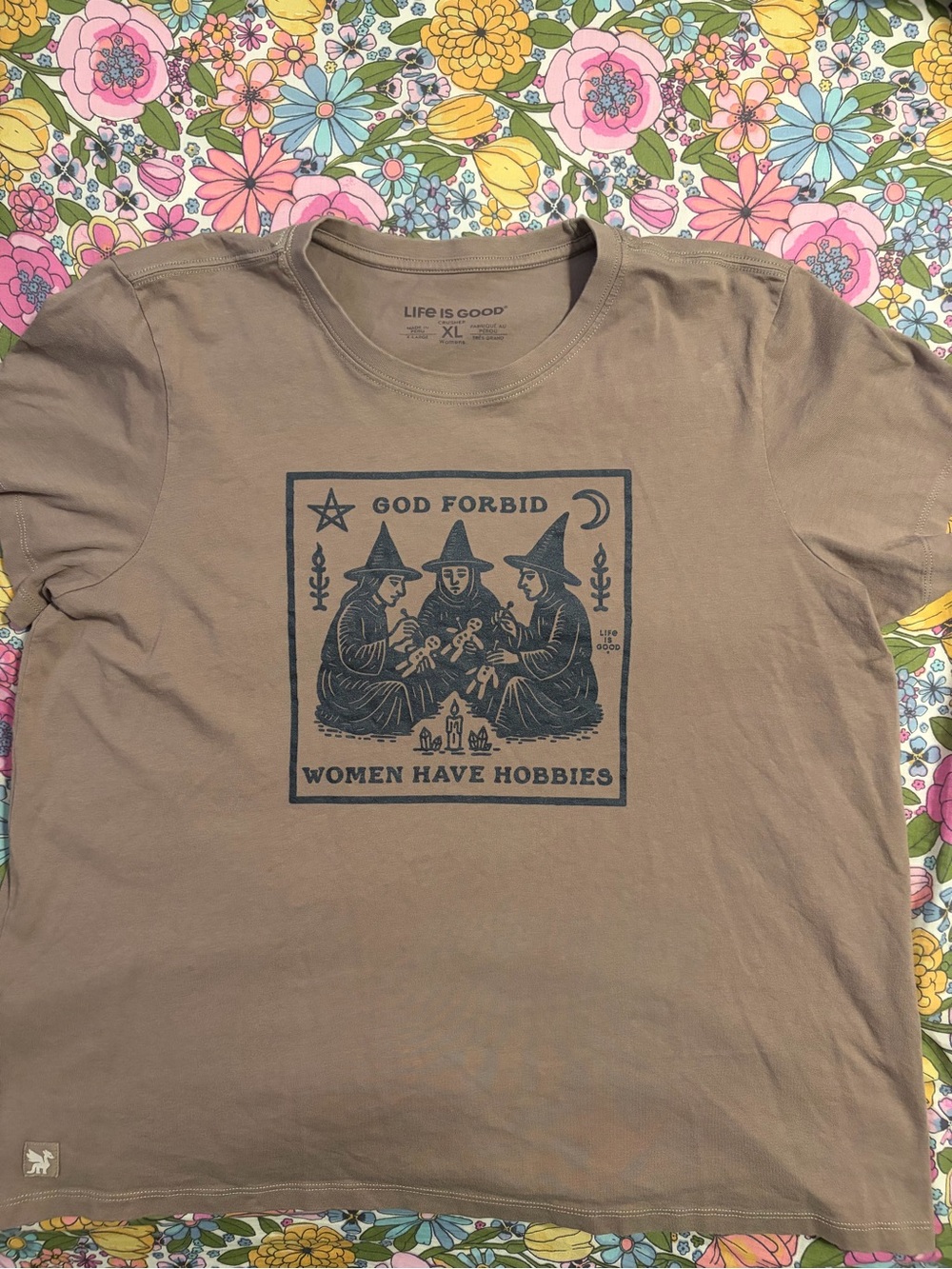 Life Is Good Tan Graphic Tee with Navy Witch Illustration